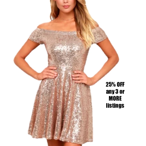 Rose Gold Cold Off Shoulder Sequins Sparkling Rose Size XXL Bling Shine Swing - Picture 1 of 16